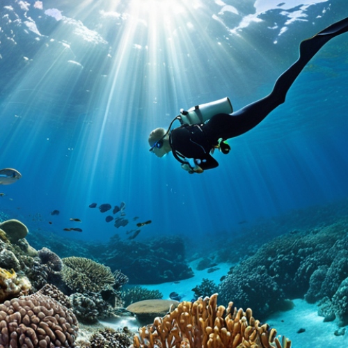 Home 11 A breathtaking underwater panorama showcasing the transformative journey from a novice diver to an inspiring instructor. The foreground features a diver, utterly captivated by schools of vibrant fish and a colorful coral reef, embodying the initial wonder and passion for the ocean. In the mid-ground, a poised diving instructor guides a group of new students, demonstrating basic skills with calm authority, symbolizing the sharing of this magic. Sunlight rays pierce the crystal-clear blue water, creating an ethereal ambiance. Realistic, cinematic, wide-angle shot.
