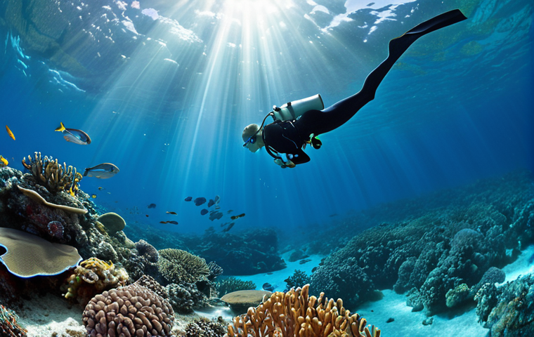 A breathtaking underwater panorama showcasing the transformative journey from a novice diver to an inspiring instructor. The foreground features a diver, utterly captivated by schools of vibrant fish and a colorful coral reef, embodying the initial wonder and passion for the ocean. In the mid-ground, a poised diving instructor guides a group of new students, demonstrating basic skills with calm authority, symbolizing the sharing of this magic. Sunlight rays pierce the crystal-clear blue water, creating an ethereal ambiance. Realistic, cinematic, wide-angle shot.