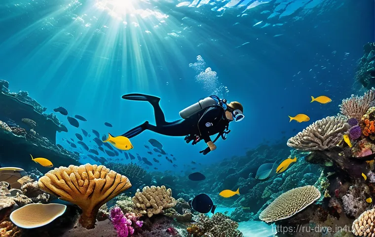 다이빙 강사 채용 사이트 리스트 - **Prompt 1: Joyful Underwater Discovery**
A vibrant, cinematic underwater scene capturing a dive...