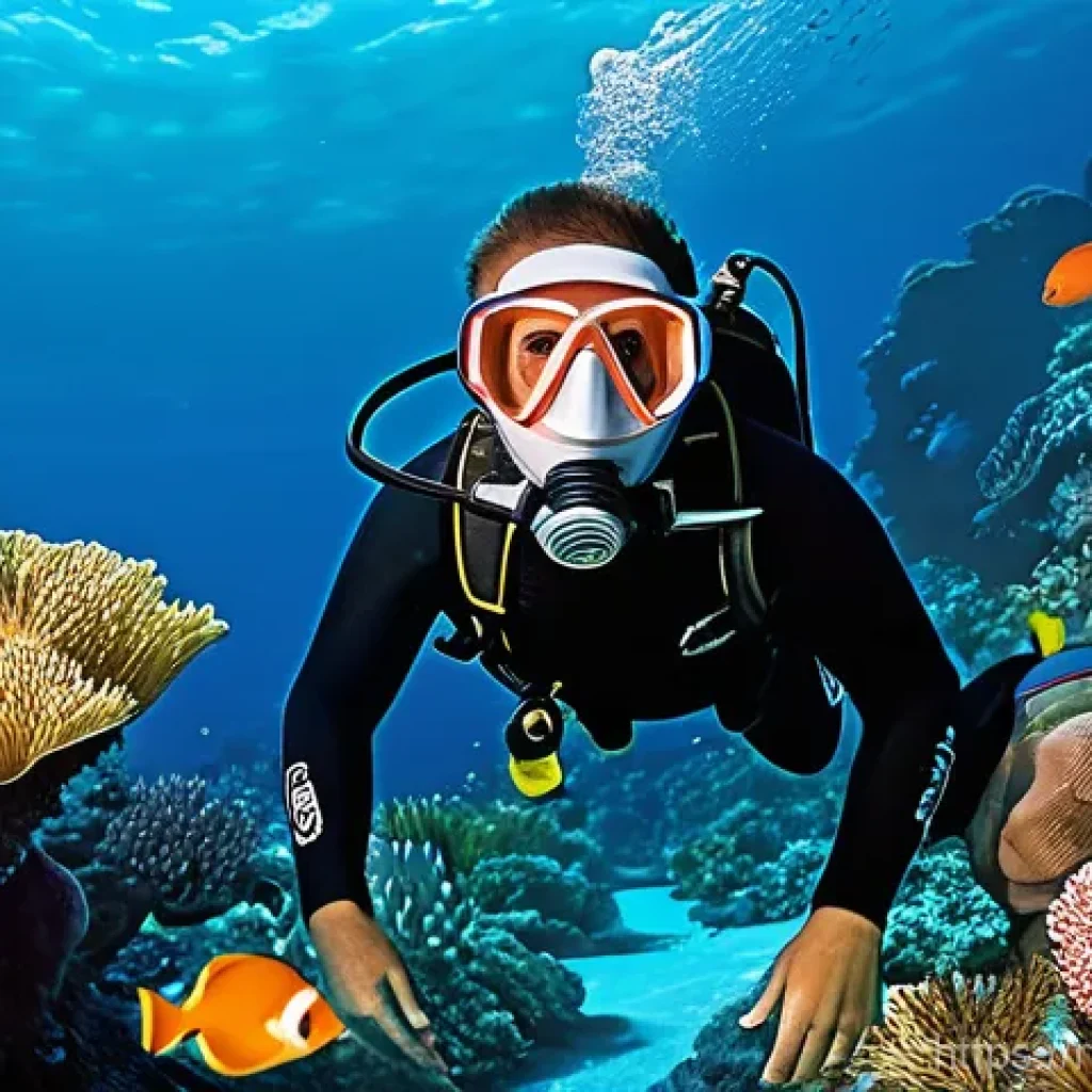 다이빙 강사 직업의 장단점 - **Prompt 1: Enchanted Underwater Discovery**
    "A male diver, wearing a sleek black and blue wetsu...