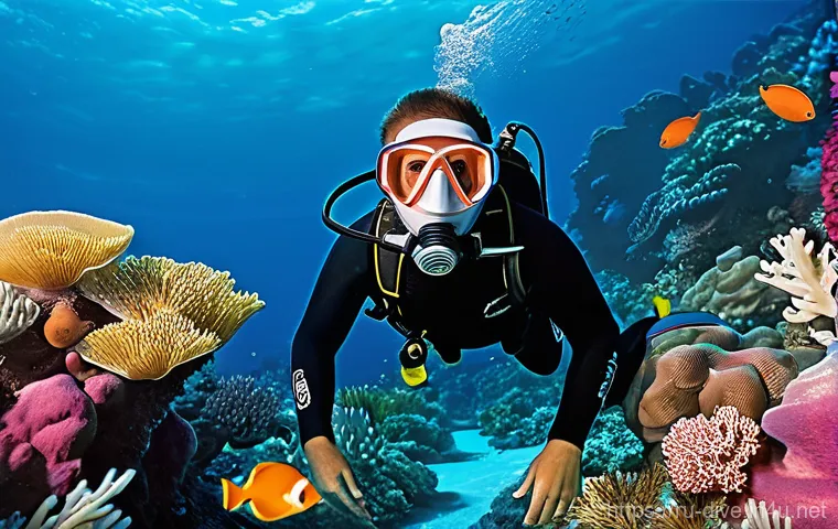 다이빙 강사 직업의 장단점 - **Prompt 1: Enchanted Underwater Discovery**
"A male diver, wearing a sleek black and blue wetsu...