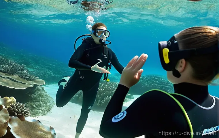 다이빙 강사 직업의 장단점 - **Prompt 1: Enchanted Underwater Discovery**
    "A male diver, wearing a sleek black and blue wetsu...