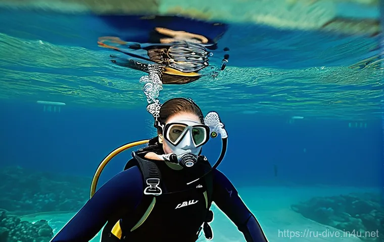 다이빙 강사 실습 과정 생생 후기 - **Prompt:** "A female diver, fully equipped in a black and blue wetsuit, BCD, mask, and fins, floats...
