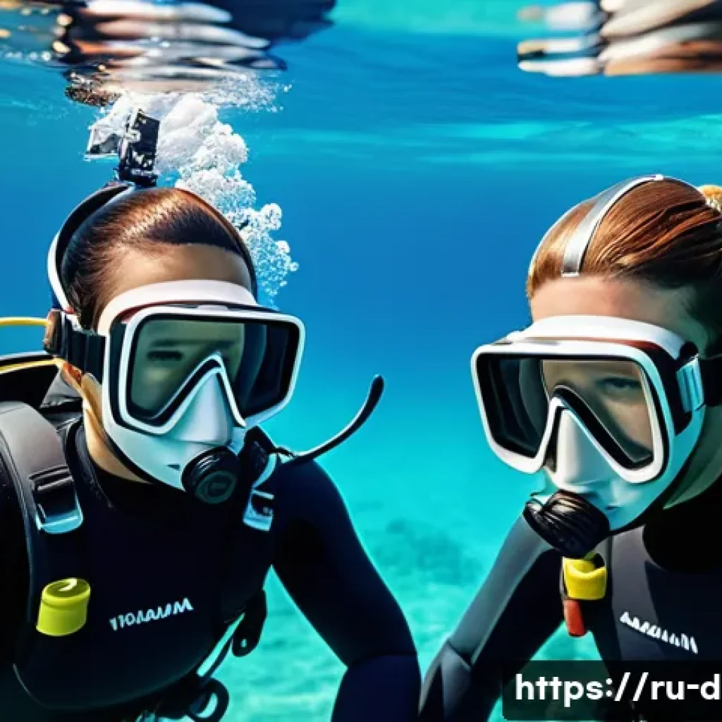 다이빙 강사 안전 사고 예방 사례 - A detailed underwater diving training scene showing a small group of adult divers practicing emergen...