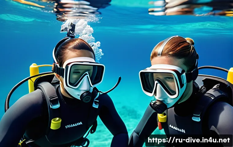 다이빙 강사 안전 사고 예방 사례 - A detailed underwater diving training scene showing a small group of adult divers practicing emergen...