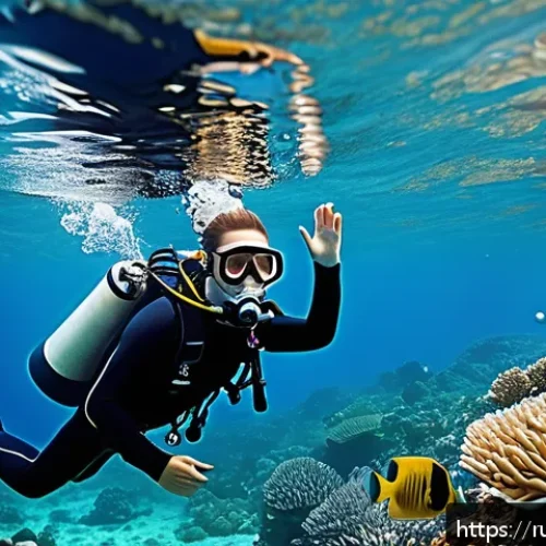 다이빙 강사 추천 기술 스킬 - A professional diving instructor teaching a diverse group of adult students in a warm tropical sea n...